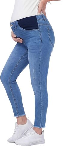 BLENCOT Maternity Skinny Jeans for Women Stretchy High Waisted Ripped Pregnancy Denim Pants with Raw Hem in Saudi Arabia
