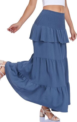 Lyrur Boho Maxi Skirts for Women Summer Smocked High Waist Tiered Flowy Long Skirt for Beach Vacation & Resort Wear in Saudi Arabia