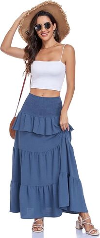 Lyrur Boho Maxi Skirts for Women Summer Smocked High Waist Tiered Flowy Long Skirt for Beach Vacation & Resort Wear in Saudi Arabia