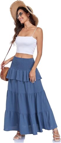 Lyrur Boho Maxi Skirts for Women Summer Smocked High Waist Tiered Flowy Long Skirt for Beach Vacation & Resort Wear in Saudi Arabia