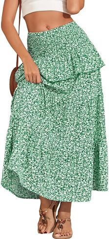 Lyrur Boho Maxi Skirts for Women Summer Smocked High Waist Tiered Flowy Long Skirt for Beach Vacation & Resort Wear in Saudi Arabia