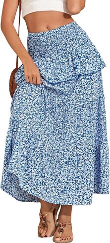 Lyrur Boho Maxi Skirts for Women Summer Smocked High Waist Tiered Flowy Long Skirt for Beach Vacation & Resort Wear in Saudi Arabia