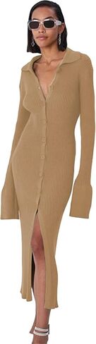 RanRui Women Long Sleeve Knit Dress Stripe Botton Down Knitted Dress Cardigan Sweater Dresses Ribbed Knit Bodycon Maxi Dress in Kuwait