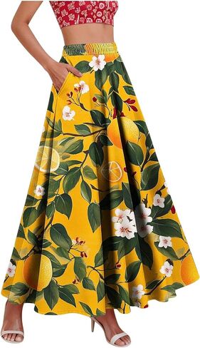 تنانير طويلة للنساء متأنق بوهو مرونة عالية الخصر الأزهار مطوي ألف خط تنورة ماكسي العصرية عطلة الشاطئ الزي in Kuwait