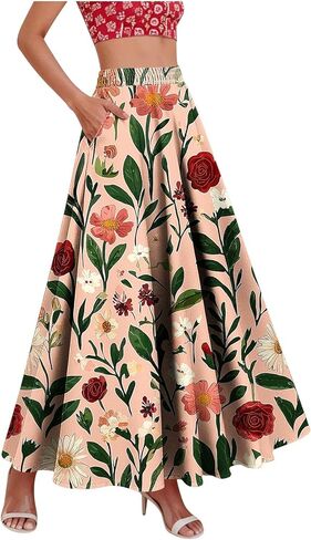 Long Skirts for Women Dressy Boho Elastic High Waist Floral Pleated A-Line Maxi Skirt Trendy Beach Vacation Outfit in Saudi Arabia