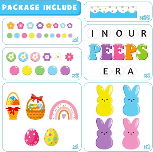 Easter Peeps Bulletin Board Decoration Set, Christian Religious Classroom Decorations Spring Bunny Eggs Rainbow Cutouts April Library Church School Home Nursery Wall Window Door Decor for Teacher in Kuwait