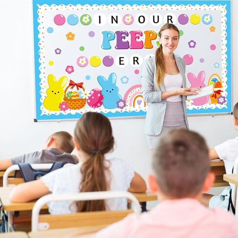 Easter Peeps Bulletin Board Decoration Set, Christian Religious Classroom Decorations Spring Bunny Eggs Rainbow Cutouts April Library Church School Home Nursery Wall Window Door Decor for Teacher in Kuwait