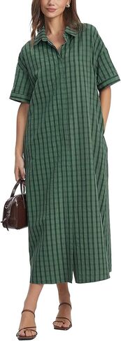 D-Sun Women Short Sleeve Striped Maxi Dress V Neck Collared Casual Button Down Belted Long Shirt Dress with Pockets in Saudi Arabia