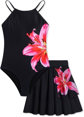 Girls One Piece Swimsuits with Mesh Skirt Tanikini Bathing Suit Swimwear 6-14Y in Saudi Arabia