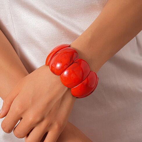 Chunky Red Acrylic Stretch Bracelet for Women - Vintage Style Marbled Pattern Wide Panel Bangle, Lightweight Elastic Cuff Statement Jewelry for Daily Wear Party Gift for Mom Wife in Saudi Arabia