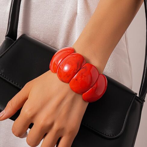 Chunky Red Acrylic Stretch Bracelet for Women - Vintage Style Marbled Pattern Wide Panel Bangle, Lightweight Elastic Cuff Statement Jewelry for Daily Wear Party Gift for Mom Wife in Saudi Arabia