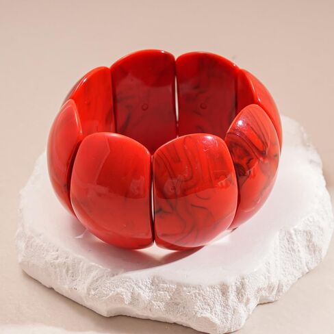 Chunky Red Acrylic Stretch Bracelet for Women - Vintage Style Marbled Pattern Wide Panel Bangle, Lightweight Elastic Cuff Statement Jewelry for Daily Wear Party Gift for Mom Wife in Kuwait