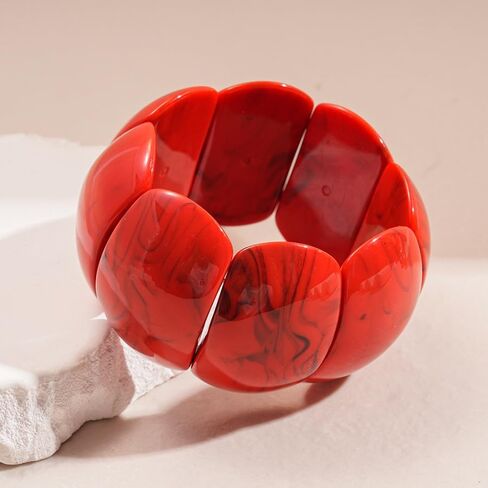 Chunky Red Acrylic Stretch Bracelet for Women - Vintage Style Marbled Pattern Wide Panel Bangle, Lightweight Elastic Cuff Statement Jewelry for Daily Wear Party Gift for Mom Wife in Kuwait