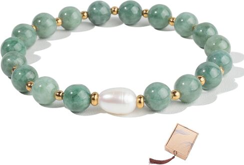 Jade Beaded Bracelet for Women, Natural Pearl and Jade Bracelet for Women, Freshwater Pearl Stretch Bracelet, Length 6.5 to 7 Inches, with Gift Box in Saudi Arabia