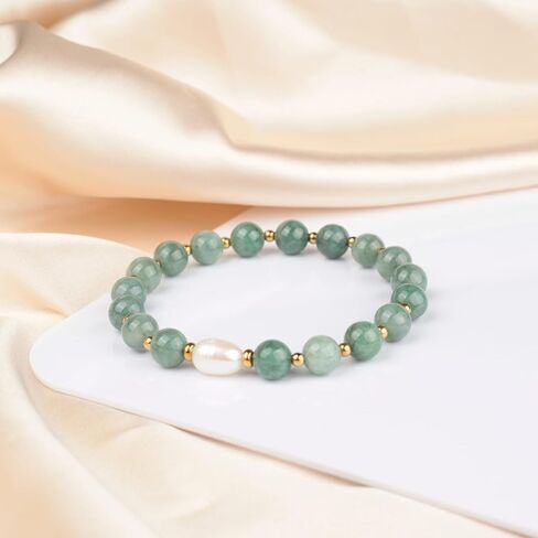 Jade Beaded Bracelet for Women, Natural Pearl and Jade Bracelet for Women, Freshwater Pearl Stretch Bracelet, Length 6.5 to 7 Inches, with Gift Box in Saudi Arabia