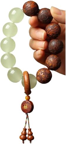 خشب الكمثرى الخرز بوذا مالا سوار اليد منحوتة الخرز الخشبي مع اليشم مضيئة محظوظ سحر الثروة جذب البوذية سوار الصلاة للرجال والنساء شفاء الطاقة الجري الدائري in Kuwait