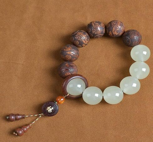 خشب الكمثرى الخرز بوذا مالا سوار اليد منحوتة الخرز الخشبي مع اليشم مضيئة محظوظ سحر الثروة جذب البوذية سوار الصلاة للرجال والنساء شفاء الطاقة الجري الدائري in Kuwait