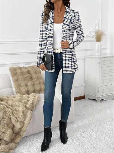 Women's Elegant Houndstooth Print Blazer Button Front Lapel Collar Business Work Suit Jackets in Saudi Arabia