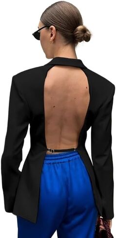 Women's Business Coat Lapel Neck Long Sleeve Classic Draped Open Front Button Backless Office Going Out Top in Saudi Arabia