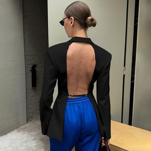Women's Business Coat Lapel Neck Long Sleeve Classic Draped Open Front Button Backless Office Going Out Top in Saudi Arabia