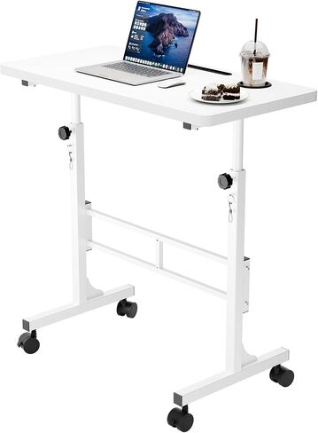 Homall مكتب قائم صغير، مكتب متحرك بارتفاع قابل للتعديل مع عجلات قابلة للقفل، محطة عمل كمبيوتر محمول محمول مع وسادة المشي (أبيض) in Kuwait