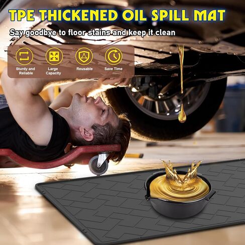 حصيرة انسكاب الزيت للمرآب، سجادة تغيير الزيت TPE شديدة التحمل مقاس 60 بوصة × 37 بوصة مع حافة مرتفعة، وعاء تصريف الزيت قابل لإعادة الاستخدام، مقاوم للماء، مقاوم للزيوت، غير قابل للانزلاق تحت سجادة السيارة، يحمي سطح المرآب من الانسكاب والبقع in Kuwait