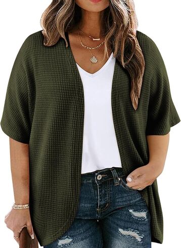 Plus Size Cardigan for Women Half Sleeve Waffle Knit Kimono Open Front Tops Swimsuit Cover Up Outwear in Saudi Arabia