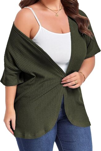 Plus Size Cardigan for Women Half Sleeve Waffle Knit Kimono Open Front Tops Swimsuit Cover Up Outwear in Saudi Arabia