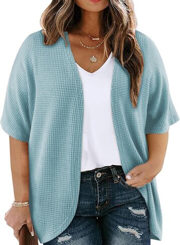 Plus Size Cardigan for Women Half Sleeve Waffle Knit Kimono Open Front Tops Swimsuit Cover Up Outwear in Saudi Arabia