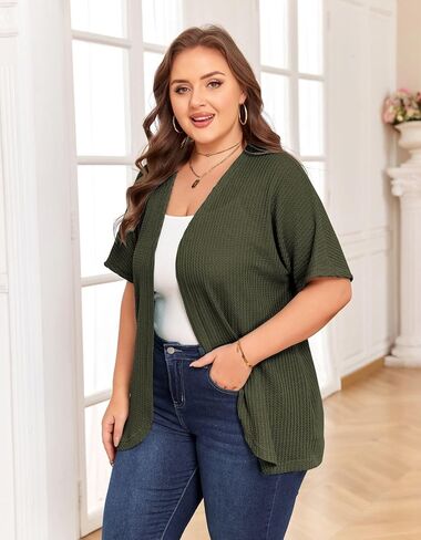 Plus Size Cardigan for Women Half Sleeve Waffle Knit Kimono Open Front Tops Swimsuit Cover Up Outwear in Saudi Arabia