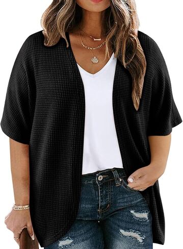 Plus Size Cardigan for Women Half Sleeve Waffle Knit Kimono Open Front Tops Swimsuit Cover Up Outwear in Saudi Arabia