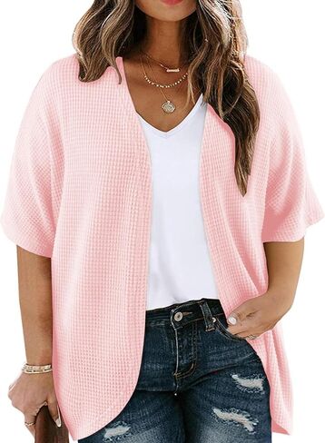 Plus Size Cardigan for Women Half Sleeve Waffle Knit Kimono Open Front Tops Swimsuit Cover Up Outwear in Saudi Arabia