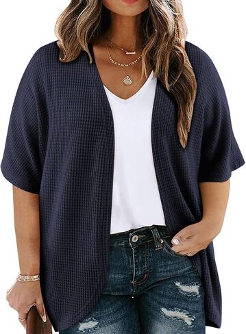 Plus Size Cardigan for Women Half Sleeve Waffle Knit Kimono Open Front Tops Swimsuit Cover Up Outwear in Saudi Arabia