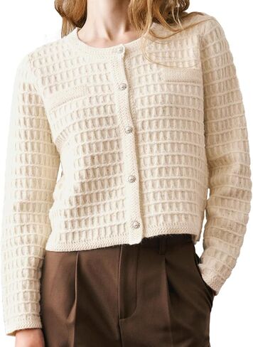 Women's Cropped Cardigan Sweater, Crew Neck Pearl Button-Down 2025 Fall Long Sleeve Trendy Sweater Top in Kuwait