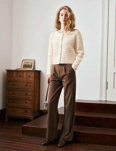 Women's Cropped Cardigan Sweater, Crew Neck Pearl Button-Down 2025 Fall Long Sleeve Trendy Sweater Top in Kuwait