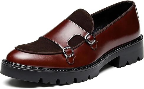 Men's Monk Strap Dress Shoes Platform Slip On Loafers Suede for Formal Business Party Brown in Saudi Arabia