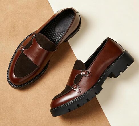 Men's Monk Strap Dress Shoes Platform Slip On Loafers Suede for Formal Business Party Brown in Saudi Arabia