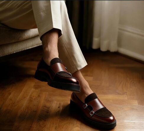 Men's Monk Strap Dress Shoes Platform Slip On Loafers Suede for Formal Business Party Brown in Saudi Arabia