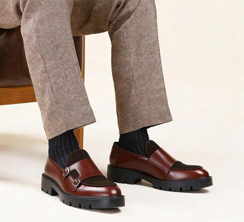Men's Monk Strap Dress Shoes Platform Slip On Loafers Suede for Formal Business Party Brown in Saudi Arabia