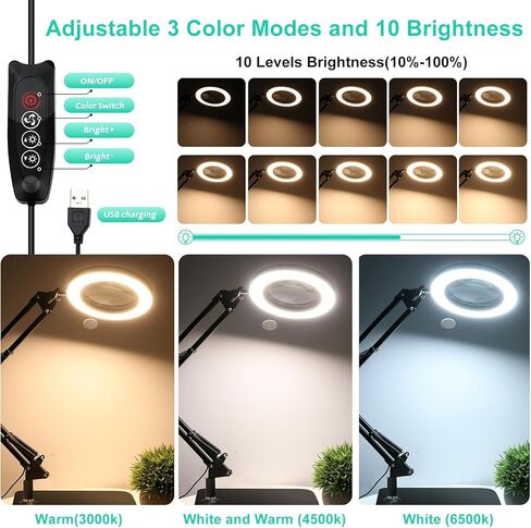 عدسة مكبرة 10X 15X مع ضوء وحامل ومشبك، مكبر مكتب 2 في 1 للقراءة 3 أوضاع ألوان عدسة مكبرة مضاءة مع حامل، ضوء مكبر بارتفاع قابل للتعديل للحرف اليدوية بدون استخدام اليدين in Kuwait