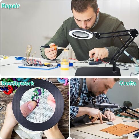 عدسة مكبرة 10X 15X مع ضوء وحامل ومشبك، مكبر مكتب 2 في 1 للقراءة 3 أوضاع ألوان عدسة مكبرة مضاءة مع حامل، ضوء مكبر بارتفاع قابل للتعديل للحرف اليدوية بدون استخدام اليدين in Kuwait