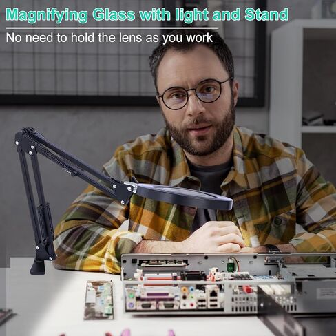 عدسة مكبرة 10X 15X مع ضوء وحامل ومشبك، مكبر مكتب 2 في 1 للقراءة 3 أوضاع ألوان عدسة مكبرة مضاءة مع حامل، ضوء مكبر بارتفاع قابل للتعديل للحرف اليدوية بدون استخدام اليدين in Kuwait