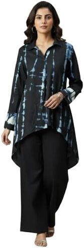 Women's Tie-Dye Co-Ord Set Long Sleeve button High-Low Shirt With Wide Leg Pants| Stylish Casual Tunic Shirt for Office in Saudi Arabia