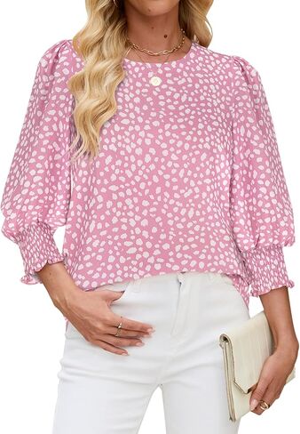Halife Womens Blouses 3/4 Sleeve Dressy Tops Business Casual Crew Neck Smocked Cuffed Shirts in Saudi Arabia