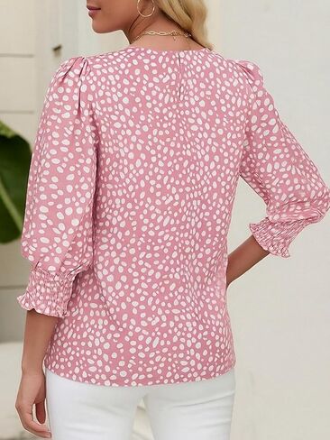 Halife Womens Blouses 3/4 Sleeve Dressy Tops Business Casual Crew Neck Smocked Cuffed Shirts in Saudi Arabia