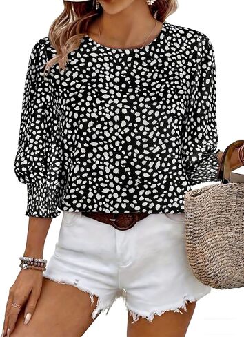 بلوزات Halife النسائية 3/4 كم قمصان أنيقة للعمل كاجوال برقبة دائرية وقمصان ذات أساور مكشكشة in Kuwait