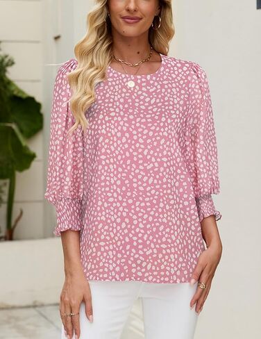 Halife Womens Blouses 3/4 Sleeve Dressy Tops Business Casual Crew Neck Smocked Cuffed Shirts in Saudi Arabia