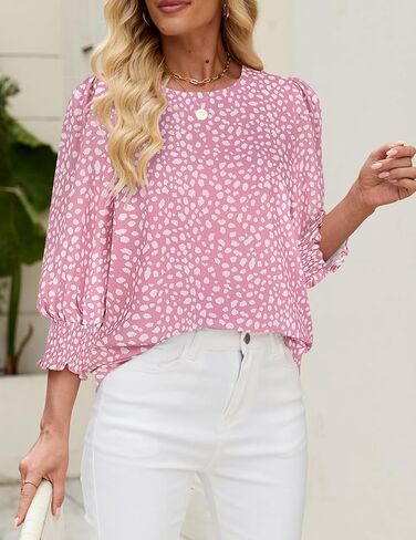 Halife Womens Blouses 3/4 Sleeve Dressy Tops Business Casual Crew Neck Smocked Cuffed Shirts in Saudi Arabia
