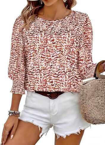 Halife Womens Blouses 3/4 Sleeve Dressy Tops Business Casual Crew Neck Smocked Cuffed Shirts in Saudi Arabia