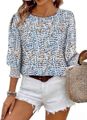 Halife Womens Blouses 3/4 Sleeve Dressy Tops Business Casual Crew Neck Smocked Cuffed Shirts in Saudi Arabia
